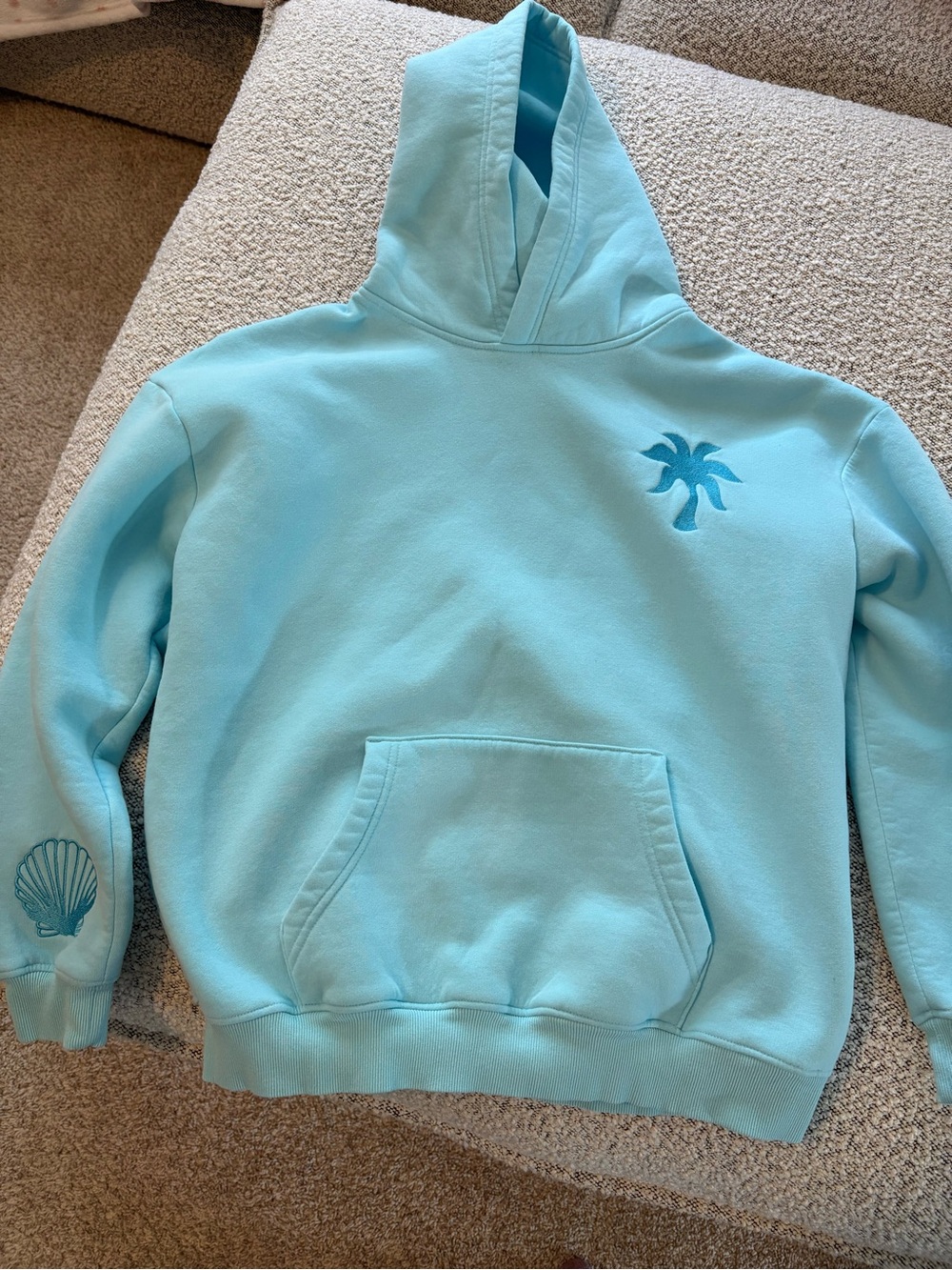 Pink Palm Puff  Light Blue Fleece-Lined Hoodie. Great condition,dust bag